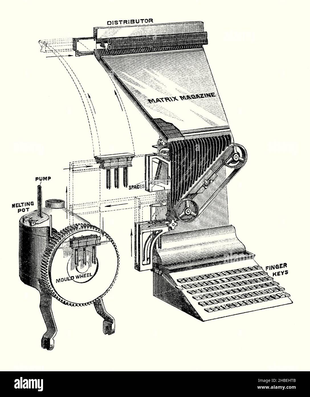 Eine alte Gravur, die die wichtigsten beweglichen Teile einer Linotype-Maschine aus dem späten 1800s zeigt. Es stammt aus einem viktorianischen Buch der 1890s über Entdeckungen und Erfindungen während des 1800s. Die Linotype-Maschine ist eine ‘Liniengießmaschine’, die zum Drucken von Text verwendet wird. Es war ein Heißmetall-Schriftsetzsystem, das Metallblöcke für individuelle Anwendungen goss. Ottmar Mergenthaler erfand sie 1884. Linotype wurde die wichtigste Methode, um den Text, vor allem kleinformatigem Text, für Zeitungen, Zeitschriften und Bücher vom späten 19th. Jahrhundert bis in die 1970s und 1980s festzulegen. Stockfoto