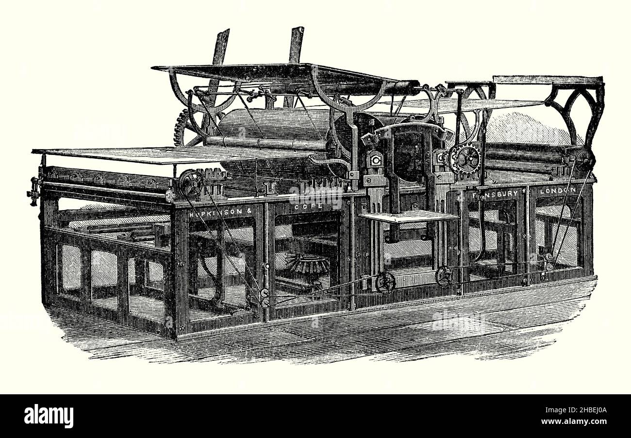 Eine alte Gravur, die einen Hopkinson und Cope ‘Perfecting Machine’ Mitte 1800s zeigt. Es stammt aus einem viktorianischen Buch der 1890s über Entdeckungen und Erfindungen während des 1800s. Diese britische Dampfmaschine verwendet einen Bogeneinzug, um auf beiden Seiten des Papiers auf einer Maschine zu drucken, indem die Rollen das Blatt umdrehen. Anfang 1870s erfand Richard March Hoe eine ‘Web Perfecting Press’. Dabei wurde eine durchgehende Papierrolle verwendet, die in einem Durchgang mit einer Geschwindigkeit von 800 Fuß (240 m) pro Minute durch die Maschine gebracht werden konnte. Stockfoto