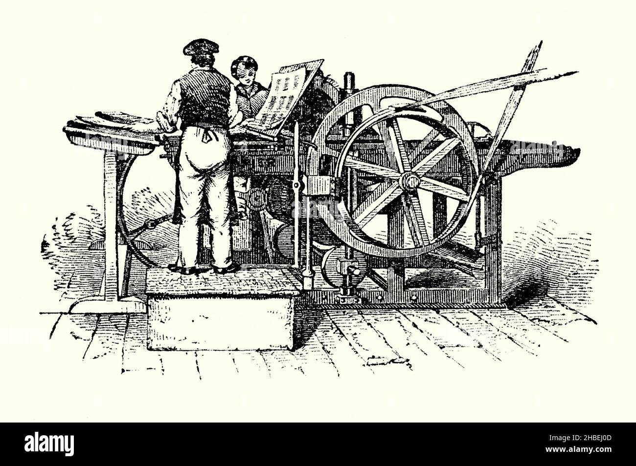 Eine alte Gravur, die Napier’s Platen Machine der 1820s zeigt. Es stammt aus einem viktorianischen Buch der 1890s über Entdeckungen und Erfindungen während des 1800s. Der früheste Versuch, eine mit einer klappbaren Druckplatte (die Platte in einer Buchdruckmaschine, die das Papier gegen den Typ drückt) betriebene Druckmaschine zu machen, wurde von Daniel Treadwell (1791–1872) unternommen. Treadwell, ein Amerikaner, der in England lebt, entwarf eine Presse und ließ den schottischen Pressebauer David Napier 1821 bauen. Es wurde aus Holz gefertigt und zum ersten Mal mit einer rotierenden Farbscheibe ausgestattet. Stockfoto