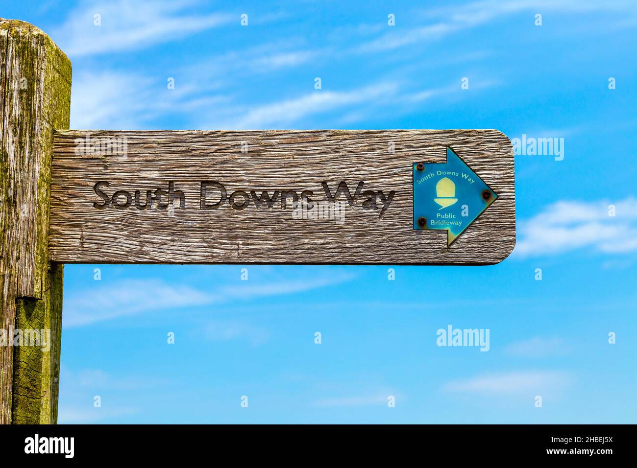 Wandern in den South Downs, South Downs Way Holz- Hinweisschild, Großbritannien Stockfoto