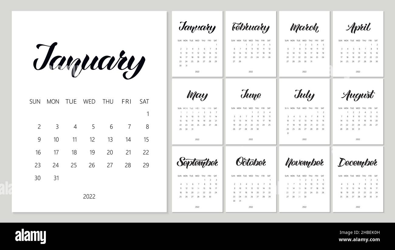 Vector Kalender Planner für 2022 Jahr mit handgezeichneten Schriftzügen und Farbkritzeln. Set mit 12 Monaten. Die Woche Beginnt Am Sonntag. Briefpapier-Design. Objekte iso Stock Vektor