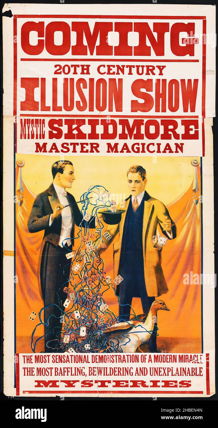 Zauberplakat (ca. 1910) Illusionsshow Heldentat a Magier Mystic Skidmore, Master Magician. Stockfoto
