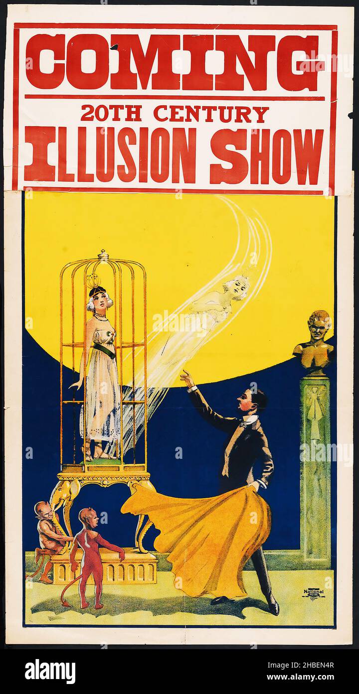 Zauberplakat (ca. 1910) Illusionsshow Helft einen Magier, Teufel und eine Frau im Käfig. Stockfoto