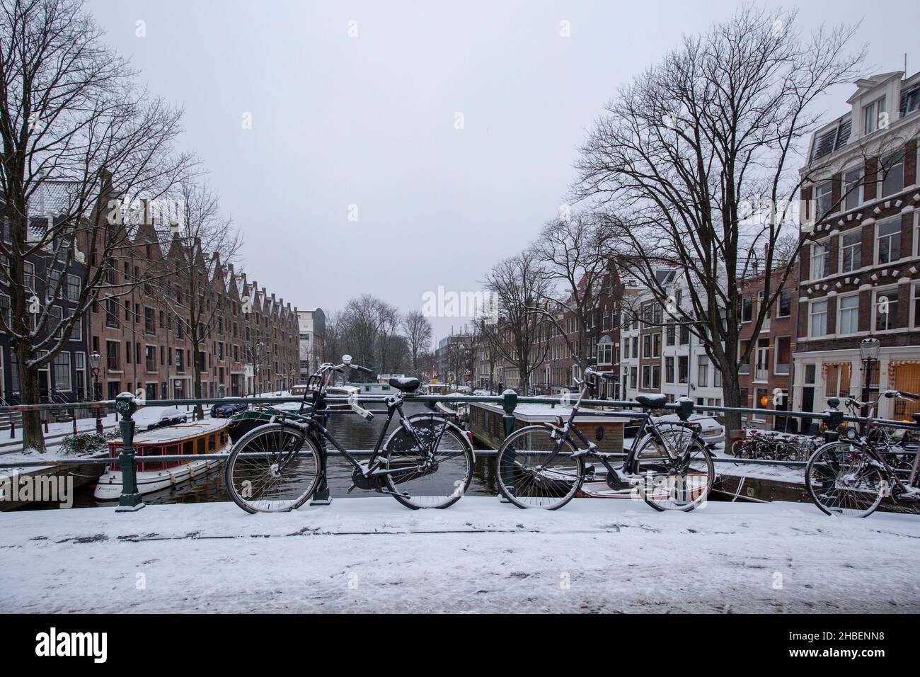 Amsterdam - Blick auf Fahrräder, die besser nur geschoben werden, damit niemand auf dem rutschigen Untergrund rutscht, Nordholland, Niederlande, Amsterdam, 22,01. Stockfoto