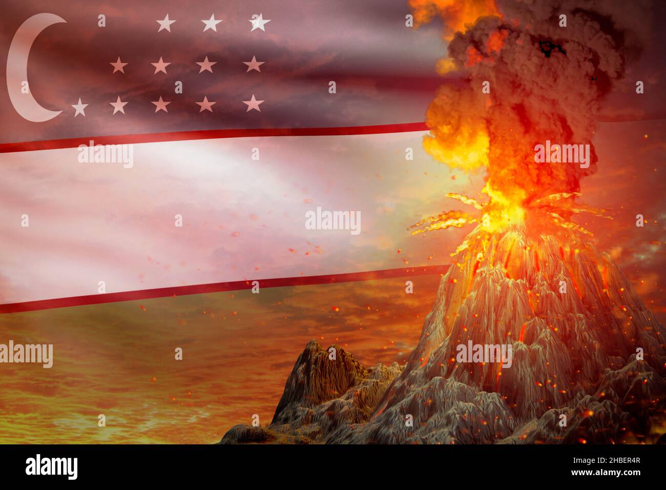 Großer Vulkanausbruch in der Nacht mit Explosion auf Usbekistan Flagge Hintergrund, leiden an Naturkatastrophe und vulkanischem Erdbeben konzeptionell 3D i Stockfoto