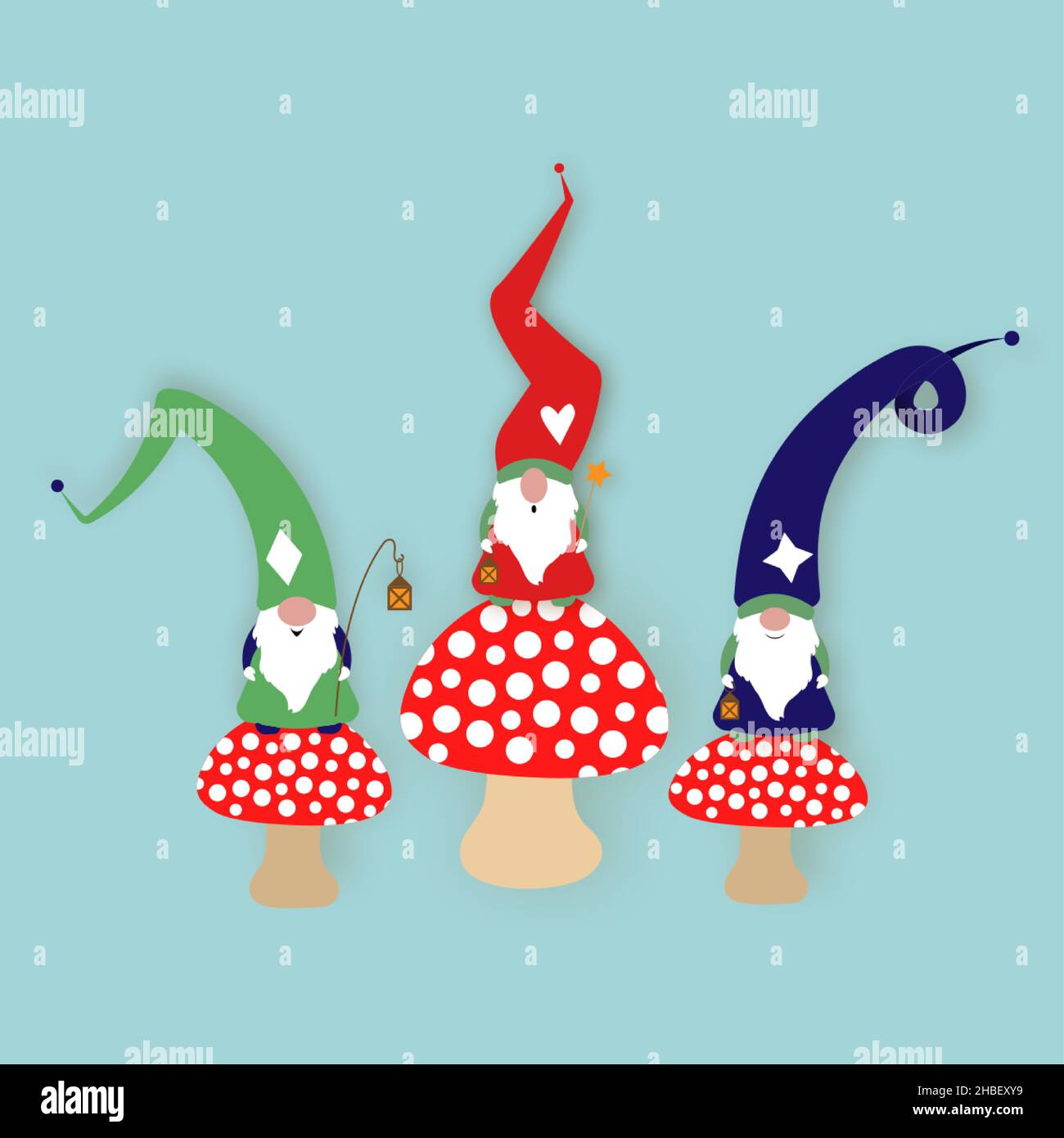Set von Weihnachtsgnome auf giftigen Pilzen. Skandinavischer Nordischer Gnome, Niedlicher Weihnachtsmann Gnome Elf. Vektorgrafik isoliert auf blau Stock Vektor