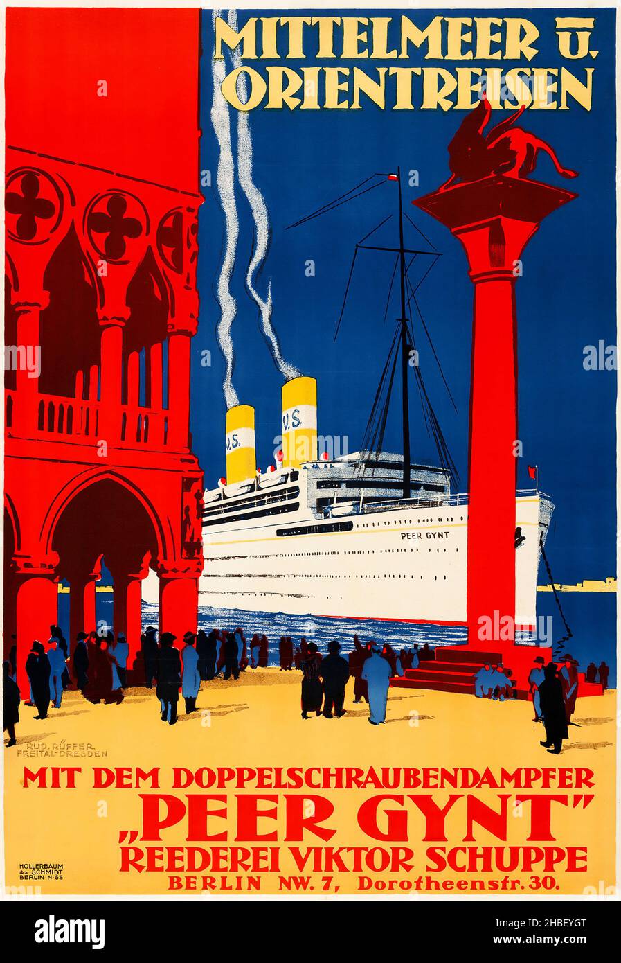 Mittelmeer- und Orientreisen (c. L 1925, S. Deutsches Reiseplakat. Peer Gynt Reederei Viktor Schuppe. Stockfoto