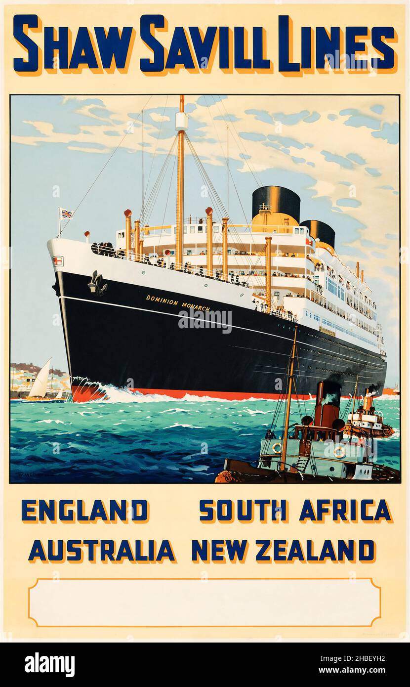 Shaw Savill Lines (c.1939). Britisches Reiseposter: William McDowell (1889–1950) Kunstwerk. Poster für die Innenauskleidung. Stockfoto