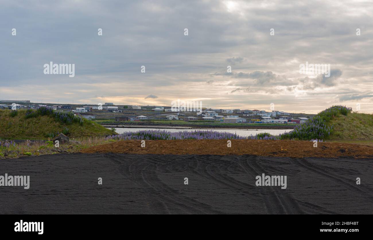 Isländische Landschaft mit wenigen Gebäuden und Wohnungen im Hintergrund. Stockfoto