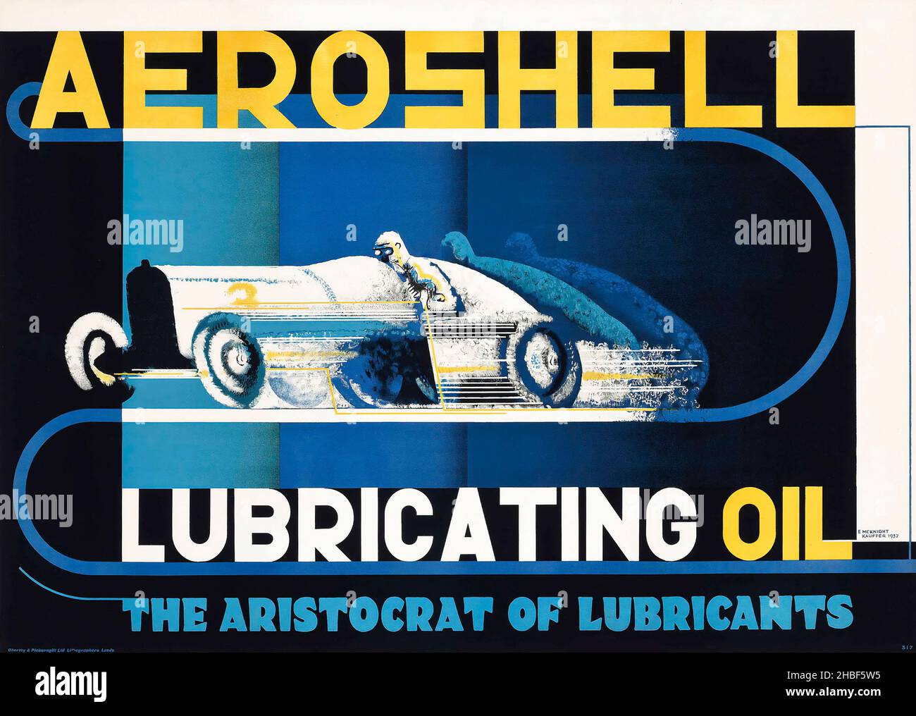 Oldtimer-Poster / Motorposter - AEROSHELL SCHMIERÖL, 1932, gedruckt bei Chorley & Pickersgill Ltd., Leeds. Edward McKnight Kauffer. Stockfoto