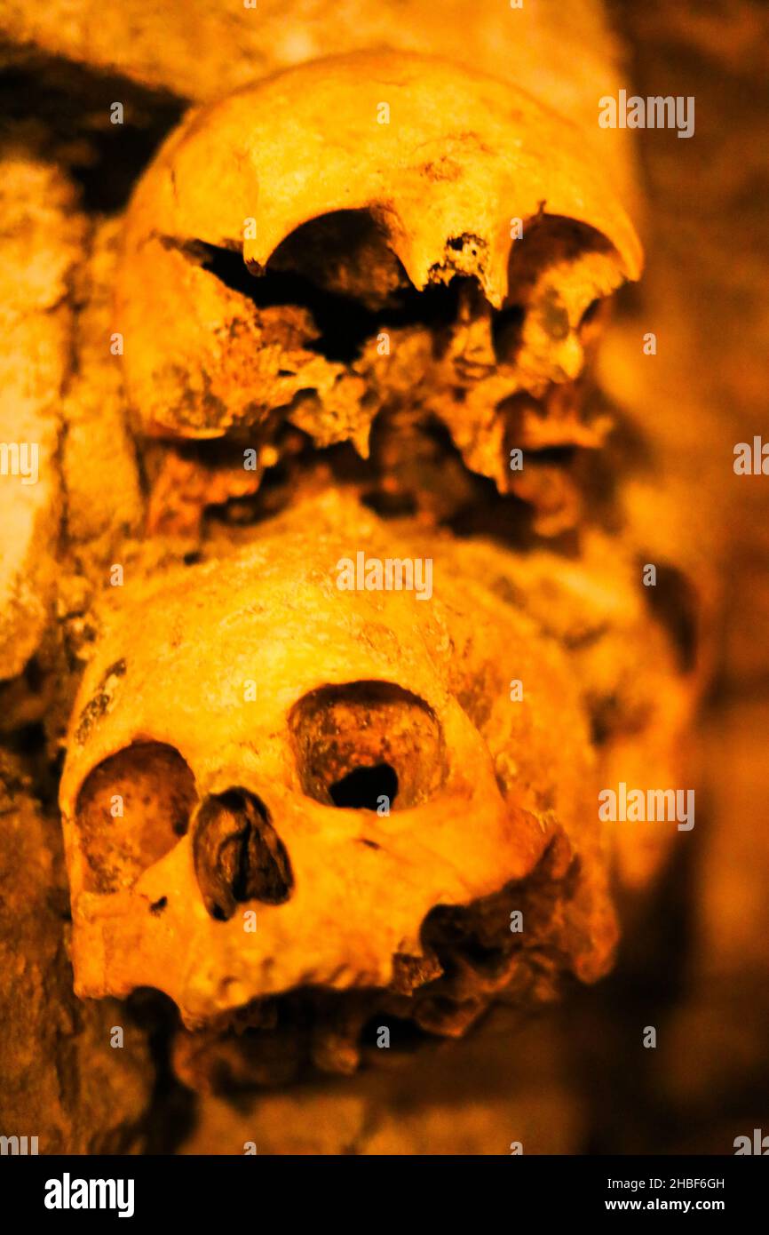 Knochen und Schädel in den Pariser Katakomben Stockfoto