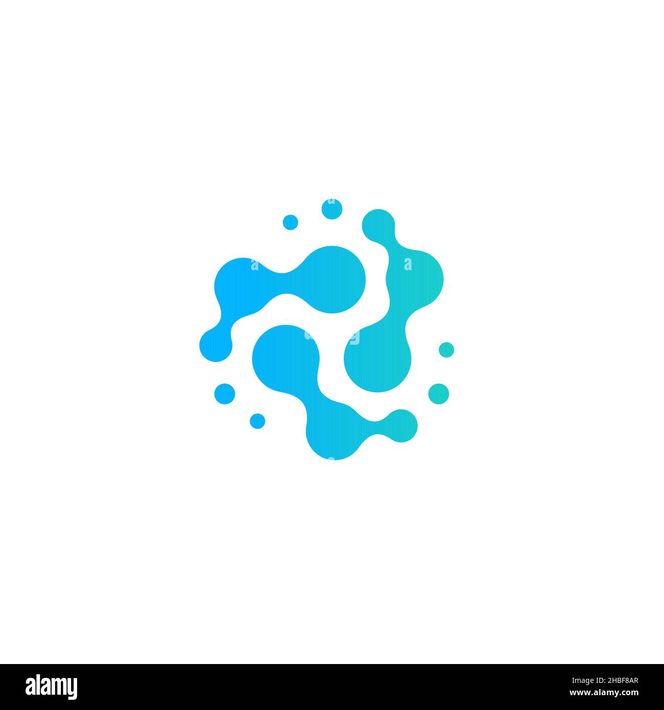 Symbol für das Drehen verbundener Tröpfchen aus Wasser, Flüssigkeit, Atom oder Molekül. Logo-Konzept für Wissenschaft und innovative Biotechnologie. Vektorgrafik Stock Vektor