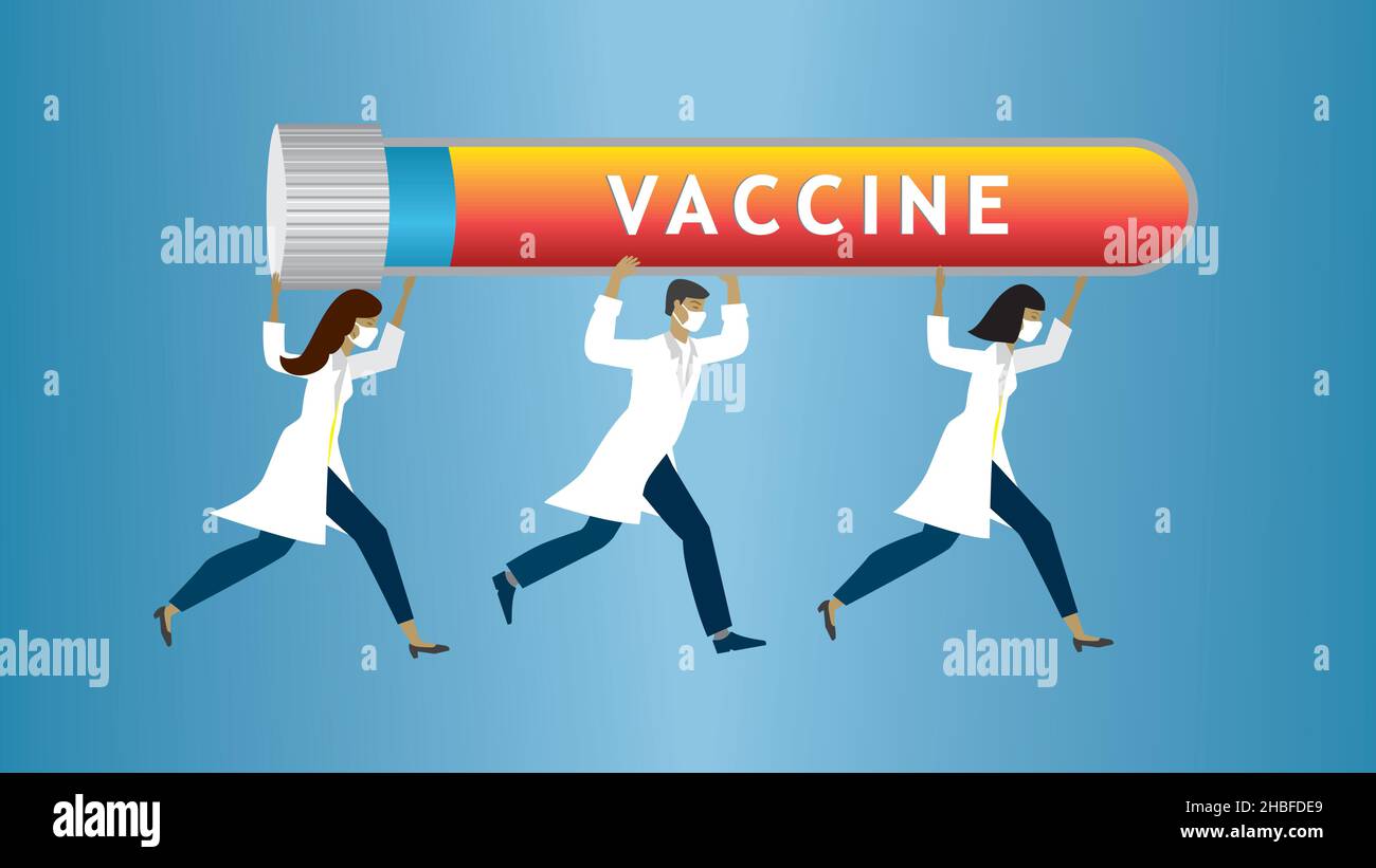 Gesundheitsfürsorge Menschen laufen mit Schlauch mit Impfstoff. Vektorgrafik. Dimension 16:9. Stock Vektor