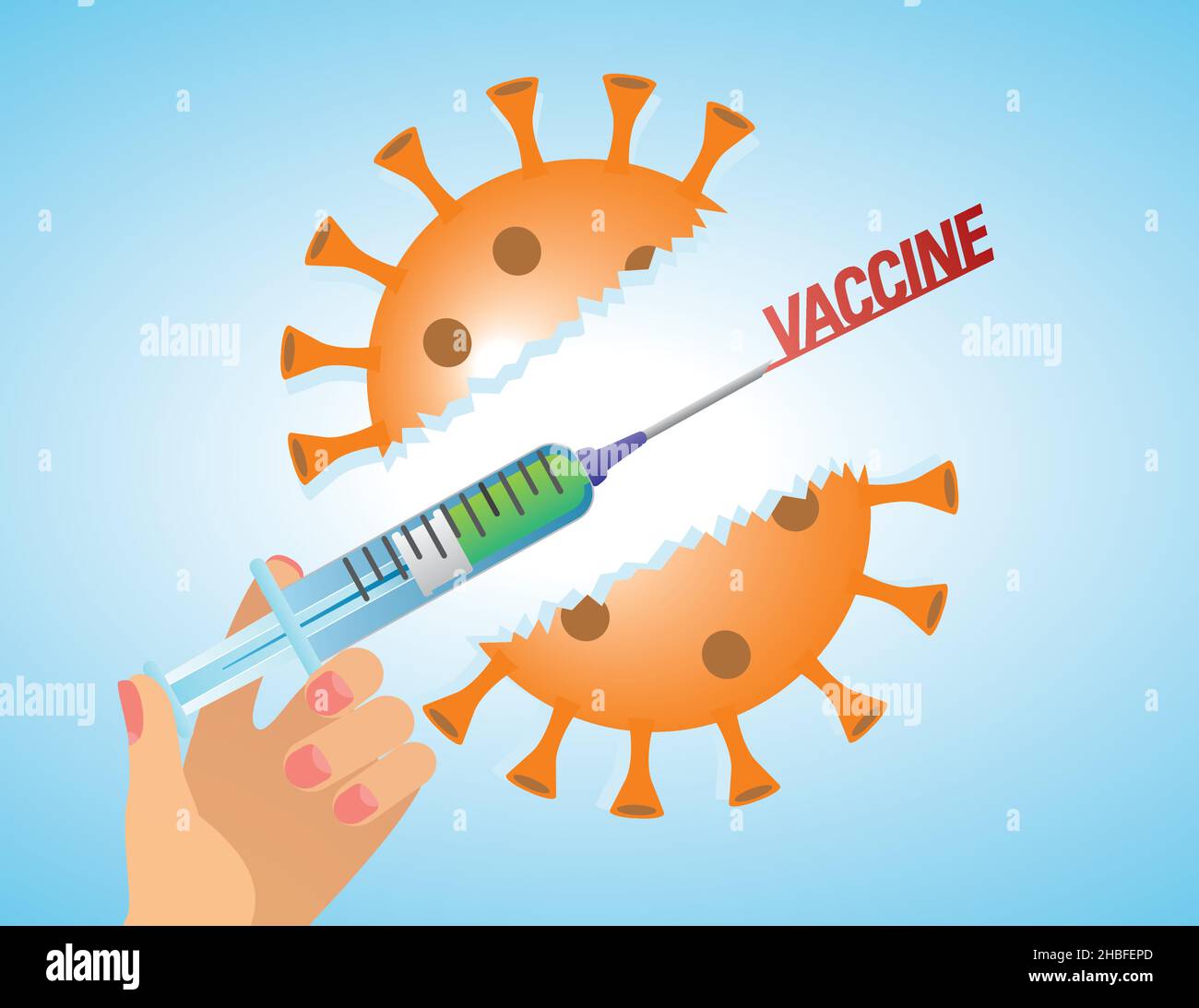 Durchbrechen mit Impfung. Hand mit Spritze, die durch das große Coronavirus bricht. Vektorgrafik. EPS10. Stock Vektor