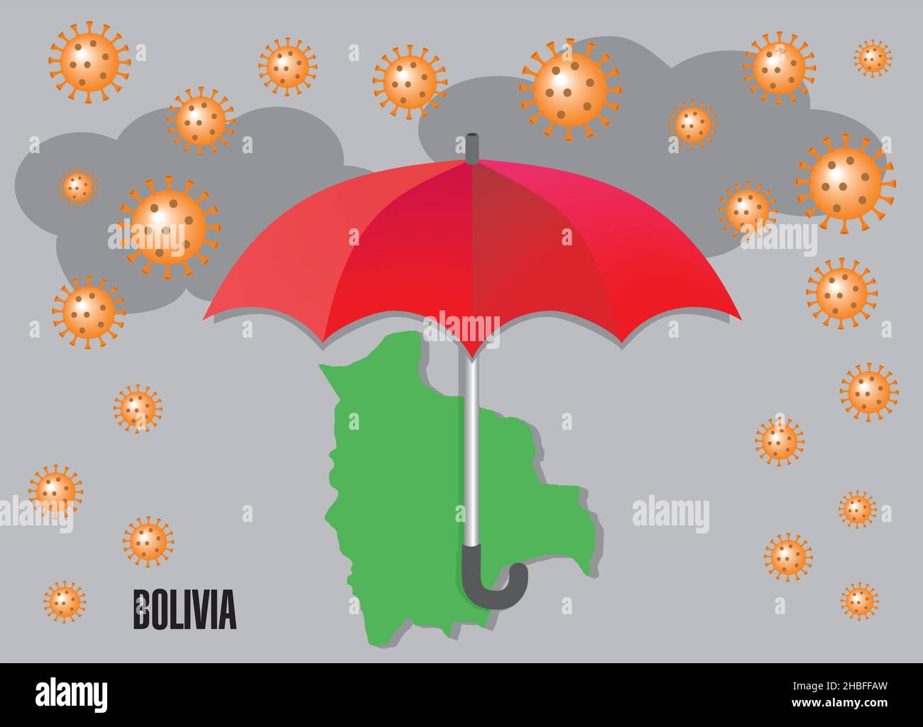 Coronavirus-Regen über Bolivien. Umbrella versucht, sich vor Krisen und Sorgen zu schützen. Vektorgrafik. Stock Vektor