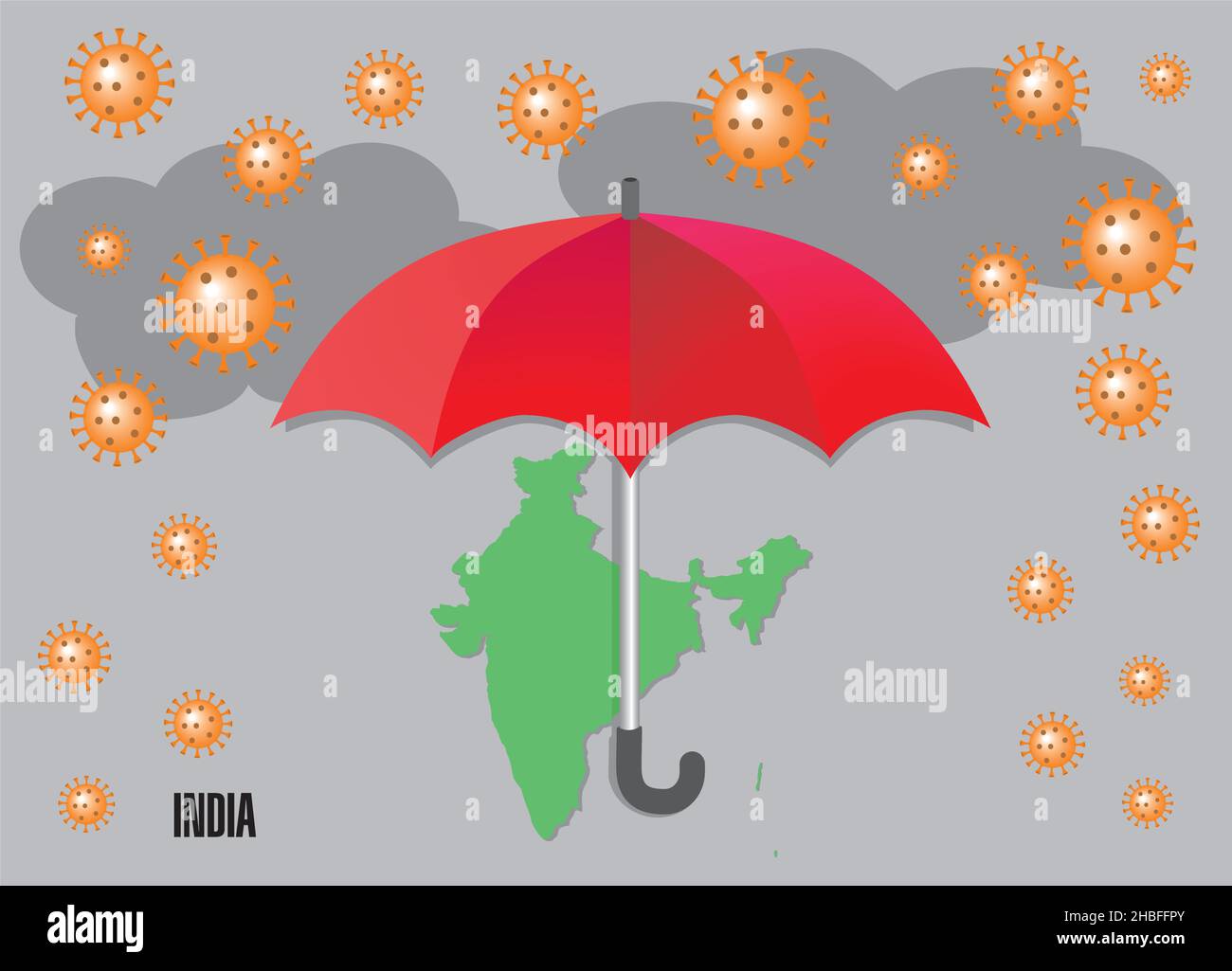 Coronarain über Indien. Regenschirm versucht, vor Krise und Sorgen zu schützen Vektor-Illustration. Stock Vektor
