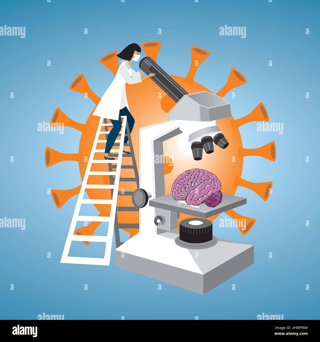 Forscher analysieren die Wirkung einer Coronavirus-Infektion auf das Gehirn. Klettern auf Leiter, um in das Mikroskop zu schauen. Vektorgrafik. EPS10. Stock Vektor