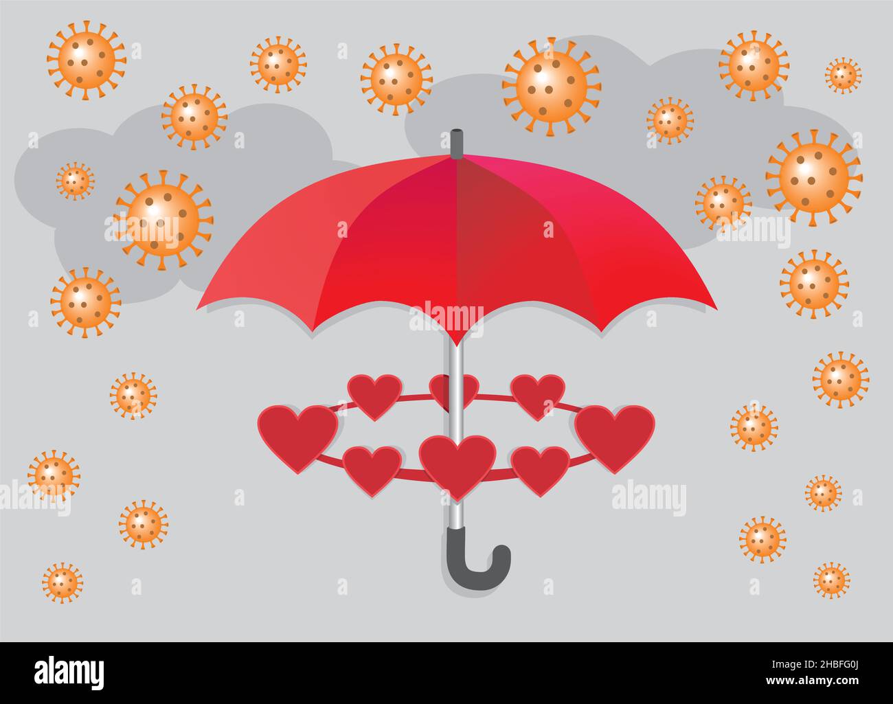 Roter Regenschirm mit Herzen, die gegen Coronavirus schützen. Vektorgrafik. EPS10. Stock Vektor
