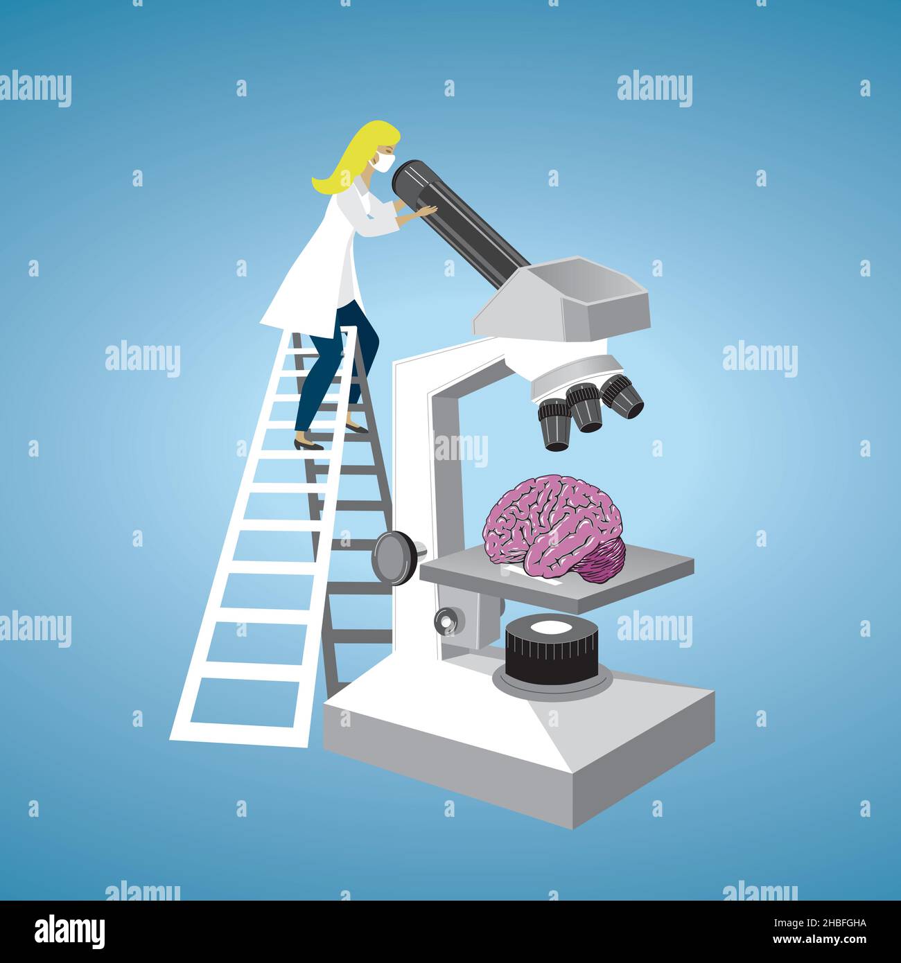 Student, Forscher analysieren Gehirn im Mikroskop. Vektorgrafik. Stock Vektor