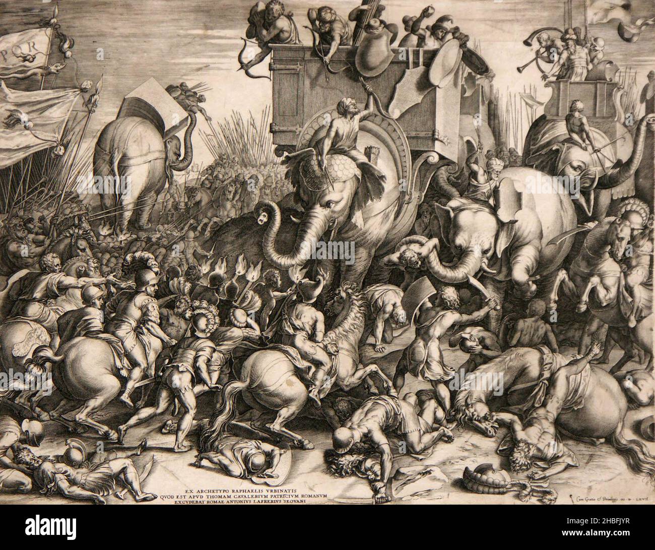 Hannibal und seine Elefanten kämpfen in der Schlacht von Zama (in Yunisia) gegen Scipio Africanus während der Punischen Kriege (die Kriege gegen Karthago) Stockfoto