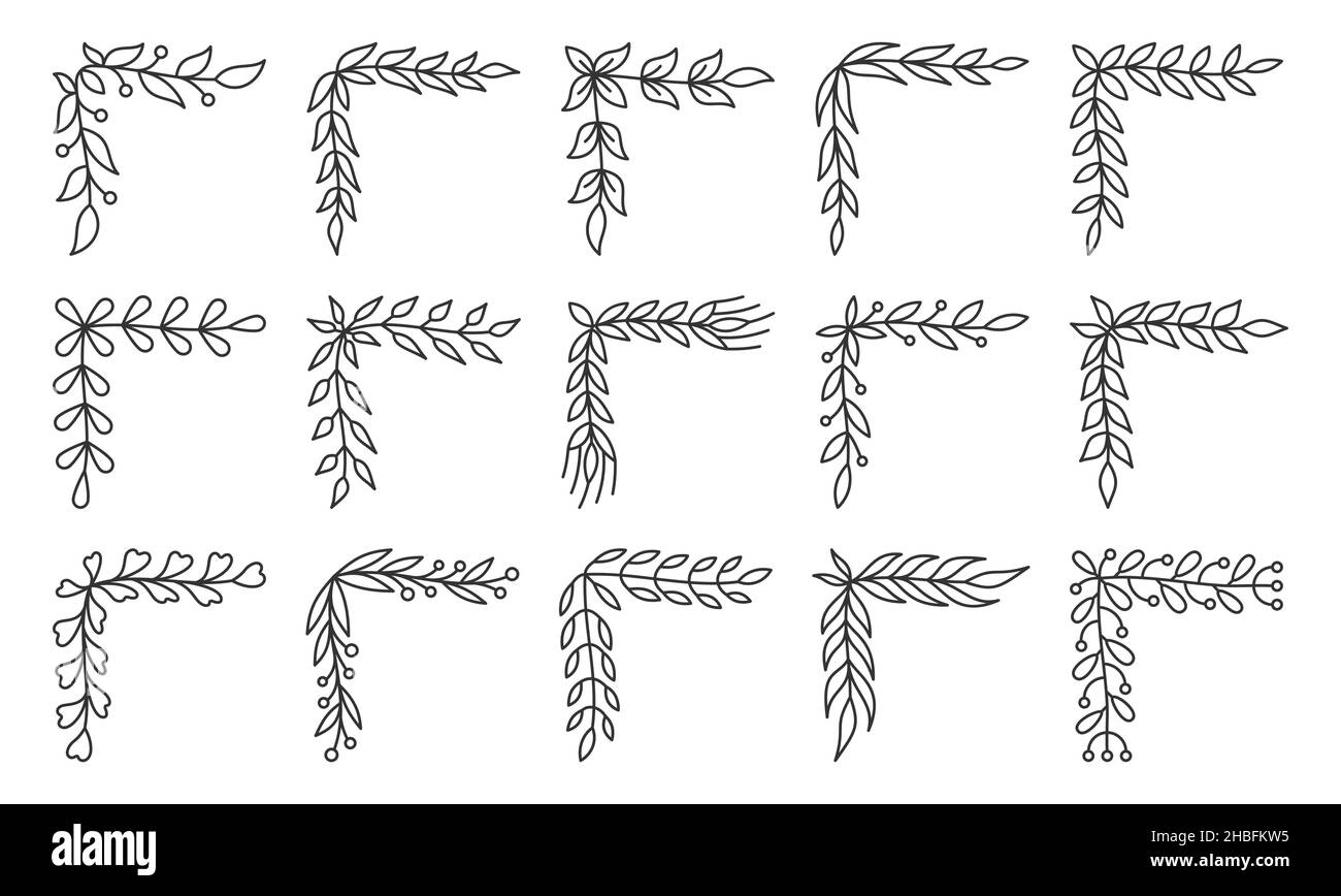 Schwarze Linie für Eckenrand gesetzt. Geometrischer Rahmen für Vintage florale Monogramm Schild. Text dekoratives Schild. Natürliches heraldisches Muster Schlaganfall Dekoration Postkarte botanisches Symbol isoliert auf weiß Stock Vektor