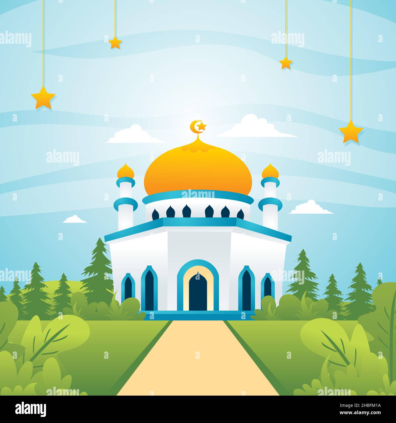 Ramadan Kareem Moschee mit Landschaft Landschaft, islamische flache Cartoon-Illustration Stock Vektor