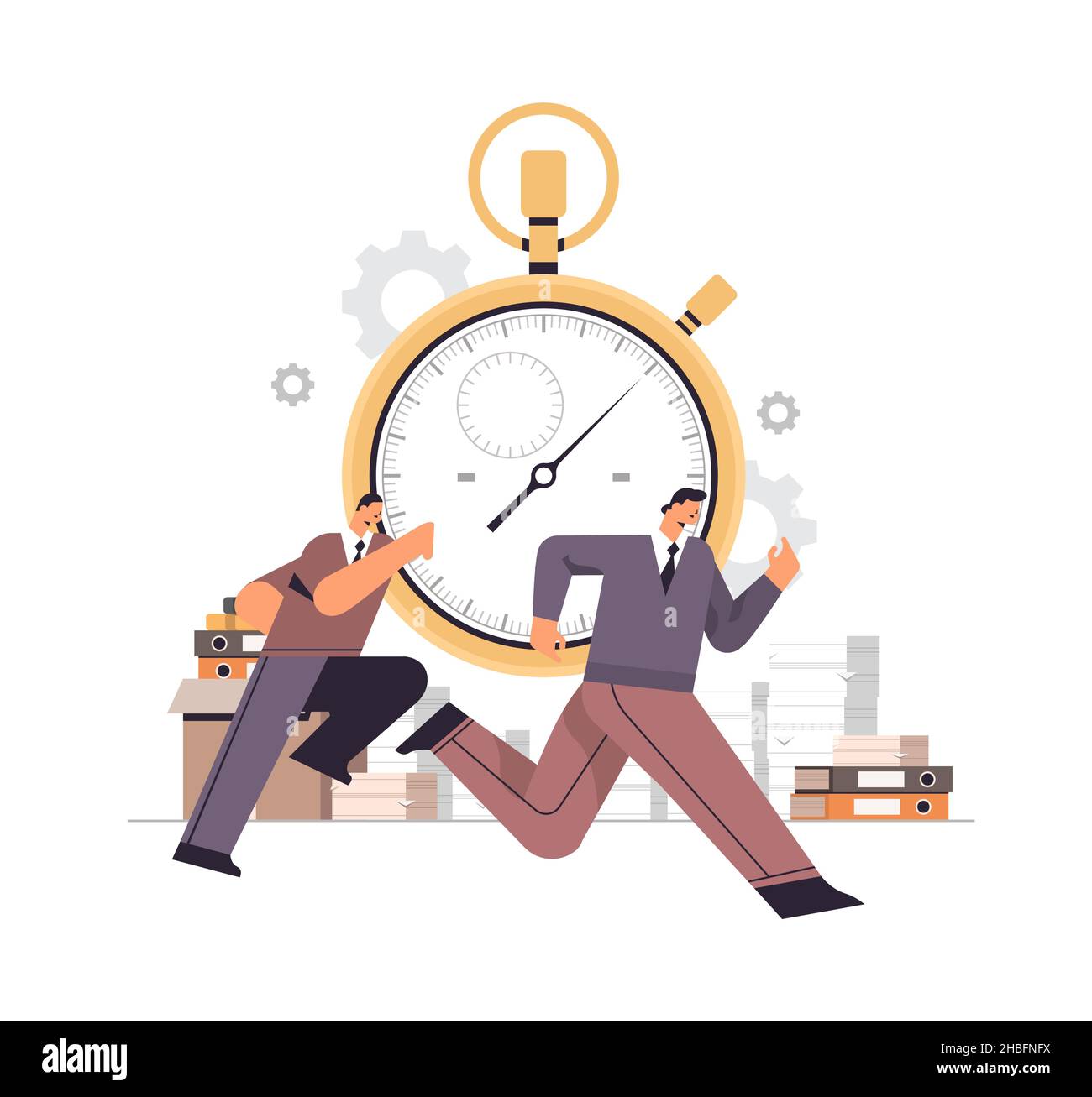 Überarbeiteter Geschäftsleute mit Stoppuhr läuft im Büro Eile bei der Arbeit Frist Zeit-Management-Konzept Stock Vektor