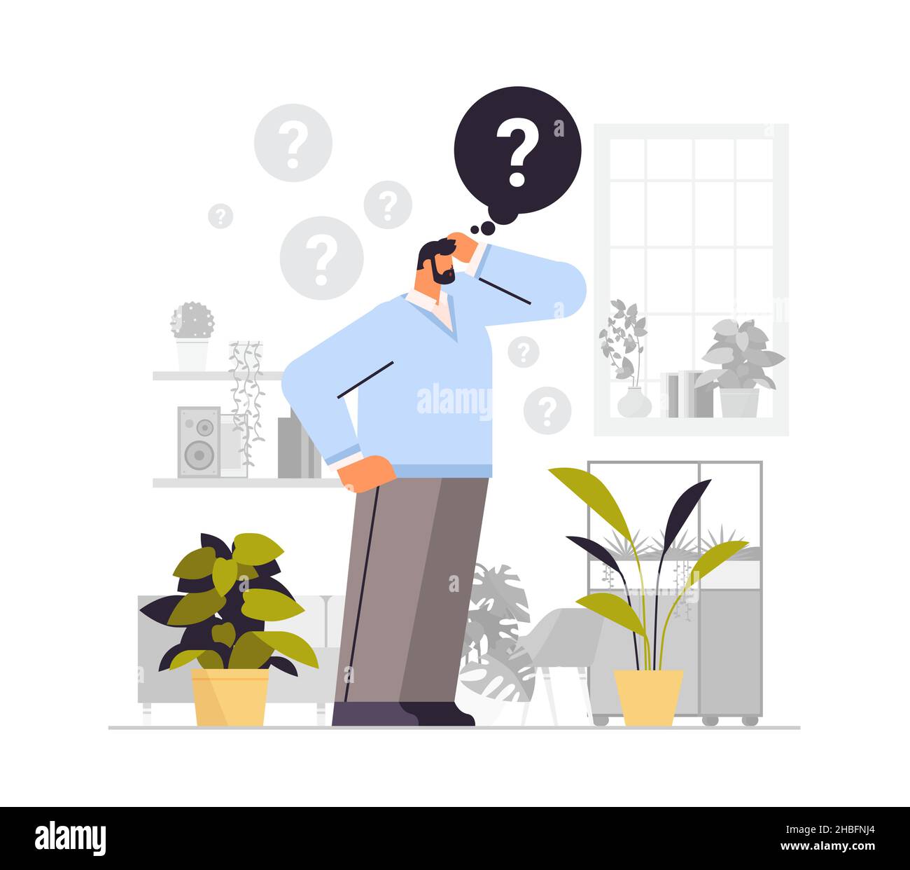 Frustrierter Geschäftsmann mit Fragezeichen auf der Suche nach Unterstützung hilft beim Nachdenken des Anfragekonzepts Stock Vektor