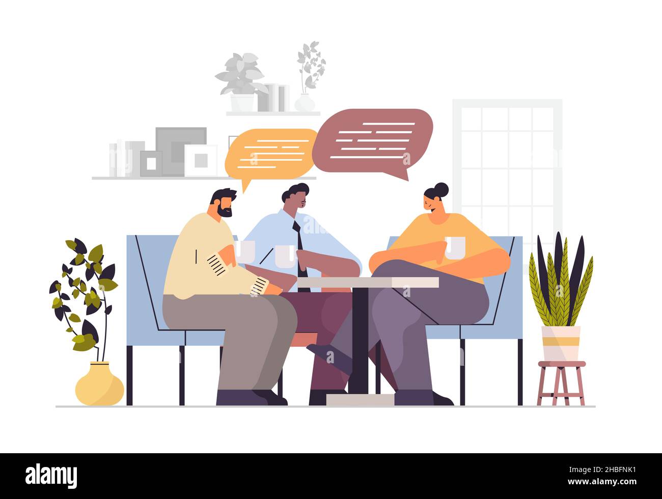 Geschäftsleute, die Kaffee trinken und während des Meetings diskutieren, unterhalten sich über die Kommunikation in der Sprechblase und halten eine Kaffeepause fest Stock Vektor