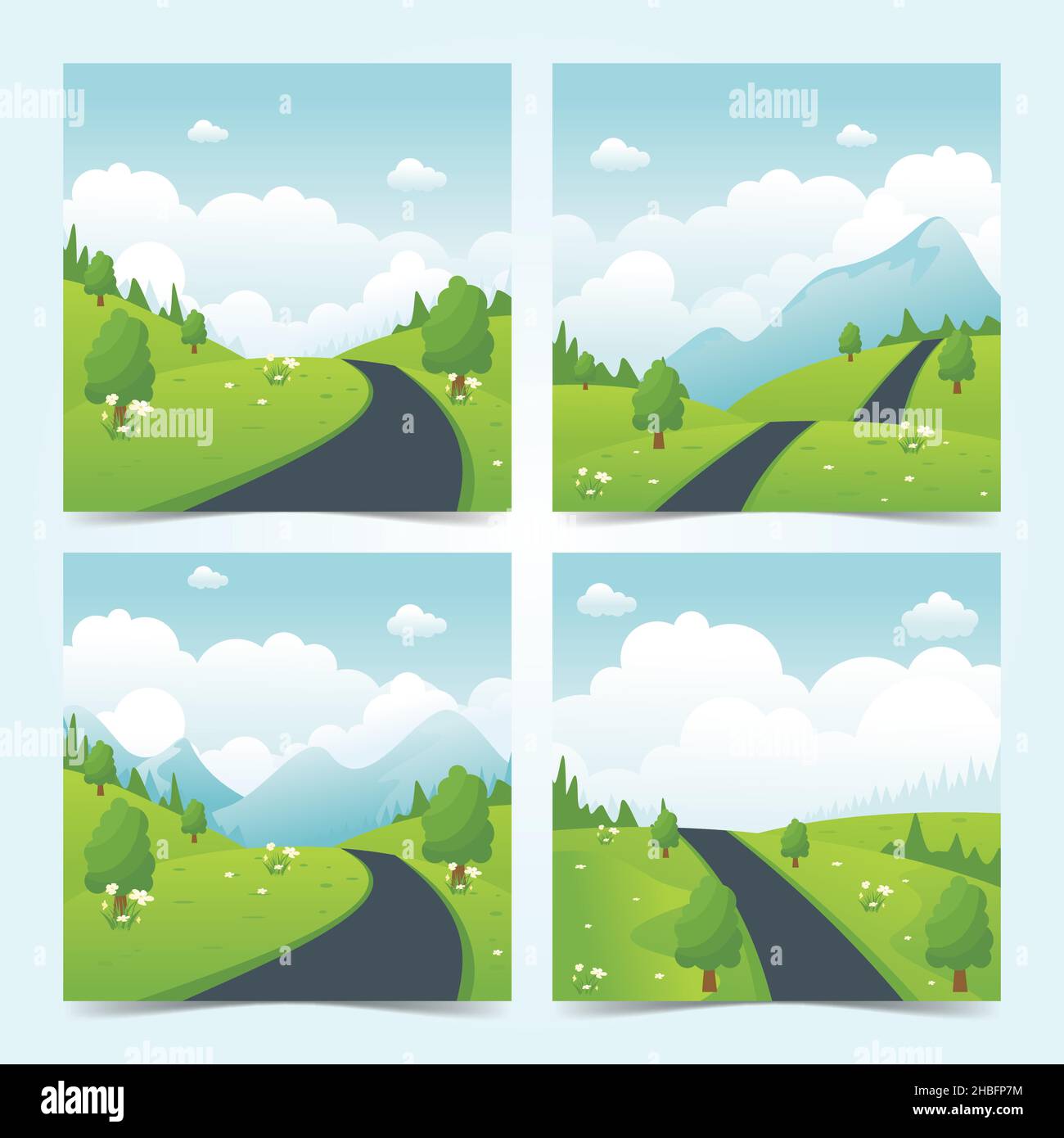 Wunderschöne Naturlandschaft mit Landstraße, Sommer Landschaftskollektionen mit flachem Stil Stock Vektor