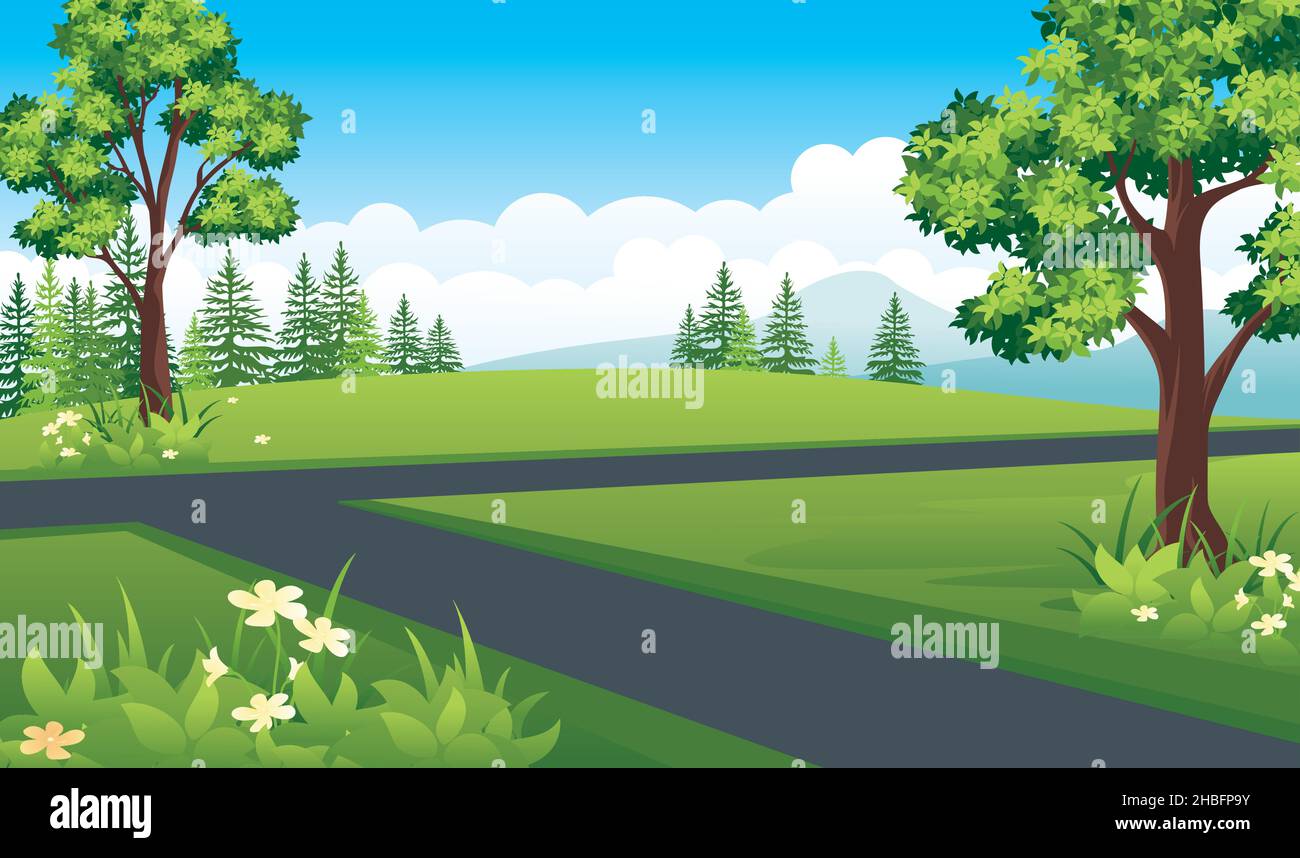 Naturlandschaft mit Kreuzungen, Sommerlandschaft mit Bergen, Wiesen und Feldern. Stock Vektor