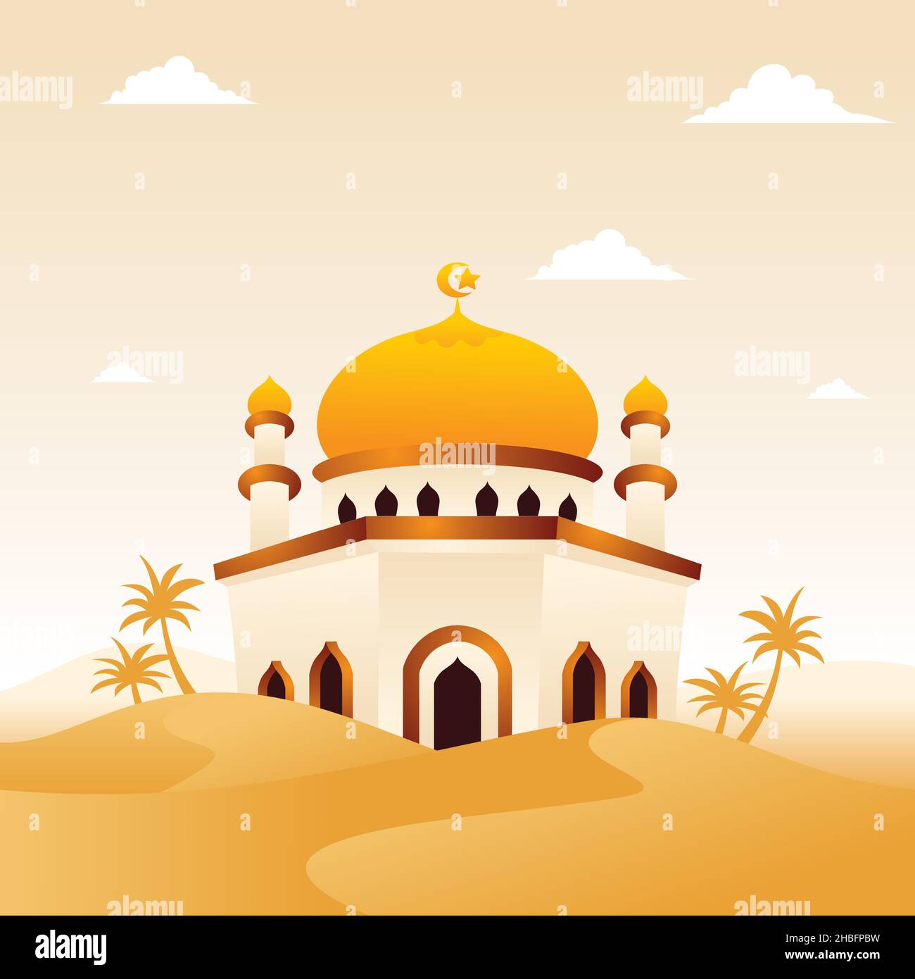 Moschee auf Wüste islamische Illustration, eid mubarak Hintergrund mit flachem Stil Stock Vektor