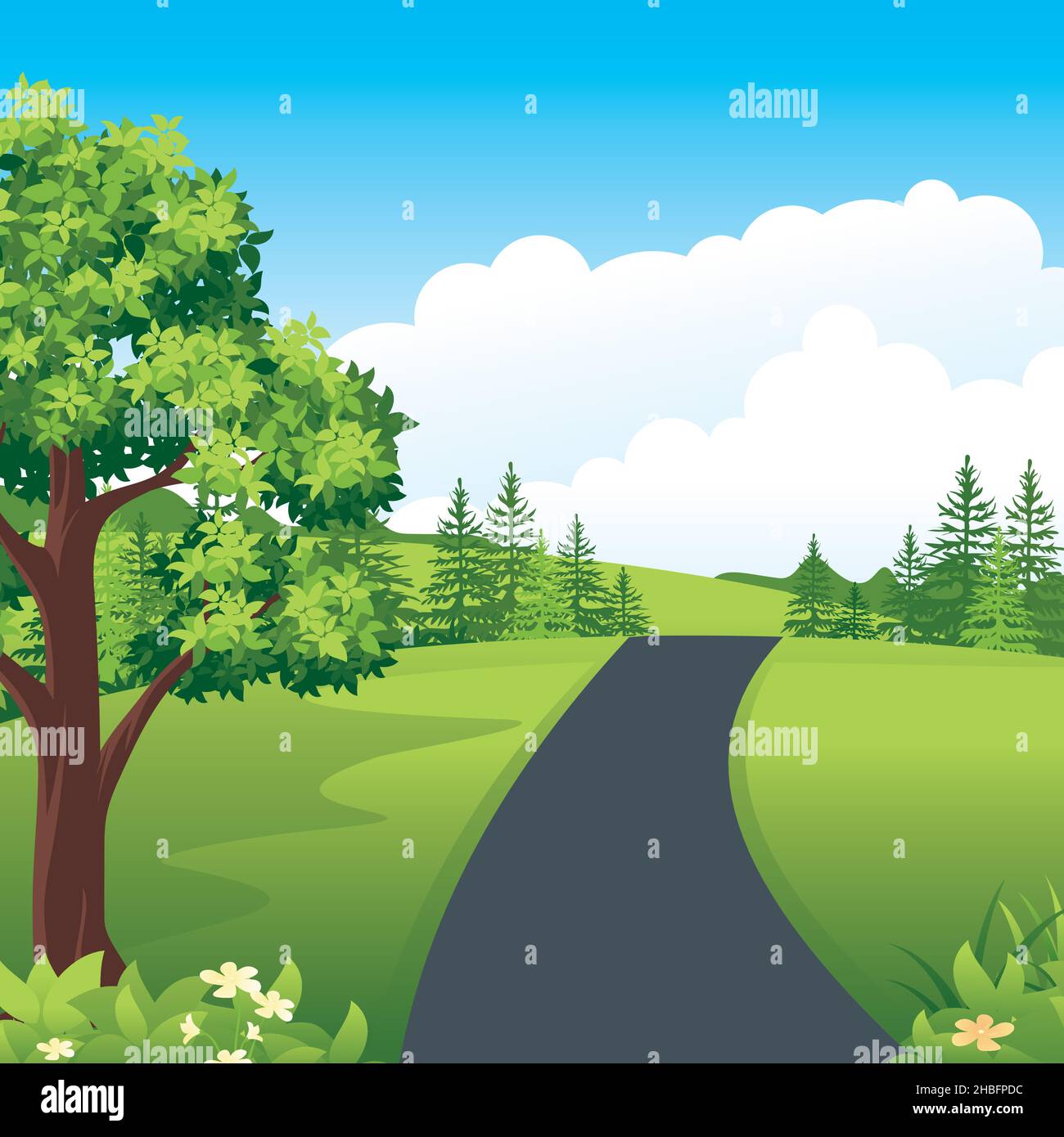 Schöne Naturlandschaft mit Fußweg, Sommerlandschaft mit Bergen, Wiesen und Feldern. Stock Vektor