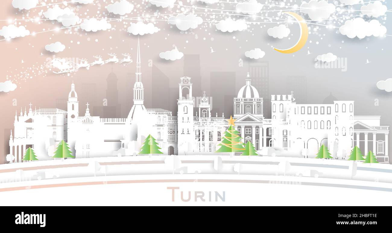 Turin Italien City Skyline in Paper Cut Style mit Schneeflocken, Mond und Neon Girlande. Vektorgrafik. Weihnachts- und Neujahrskonzept. Stock Vektor