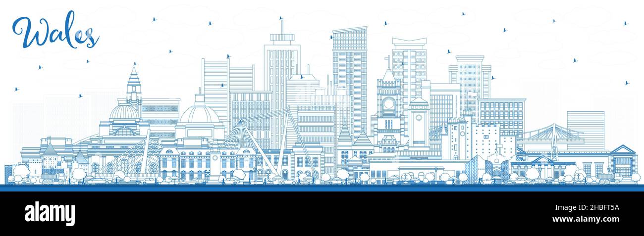 Umreißen Sie die Skyline von Wales City mit blauen Gebäuden. Vektorgrafik. Konzept mit historischer Architektur. Stadtbild von Wales mit Wahrzeichen. Cardiff. Stock Vektor