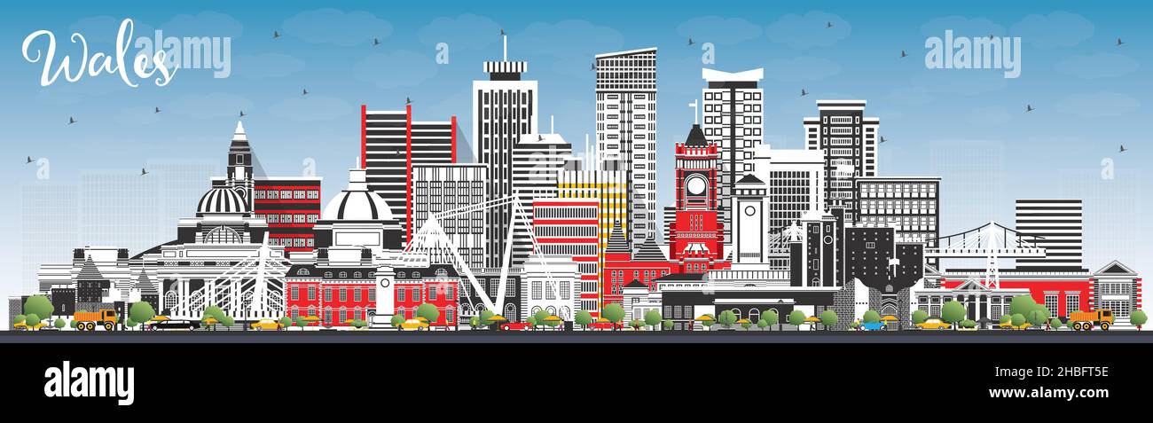 Skyline von Wales City mit grauen Gebäuden und blauem Himmel. Vektorgrafik. Konzept mit historischer Architektur. Stadtbild von Wales mit Wahrzeichen. Cardiff. Stock Vektor