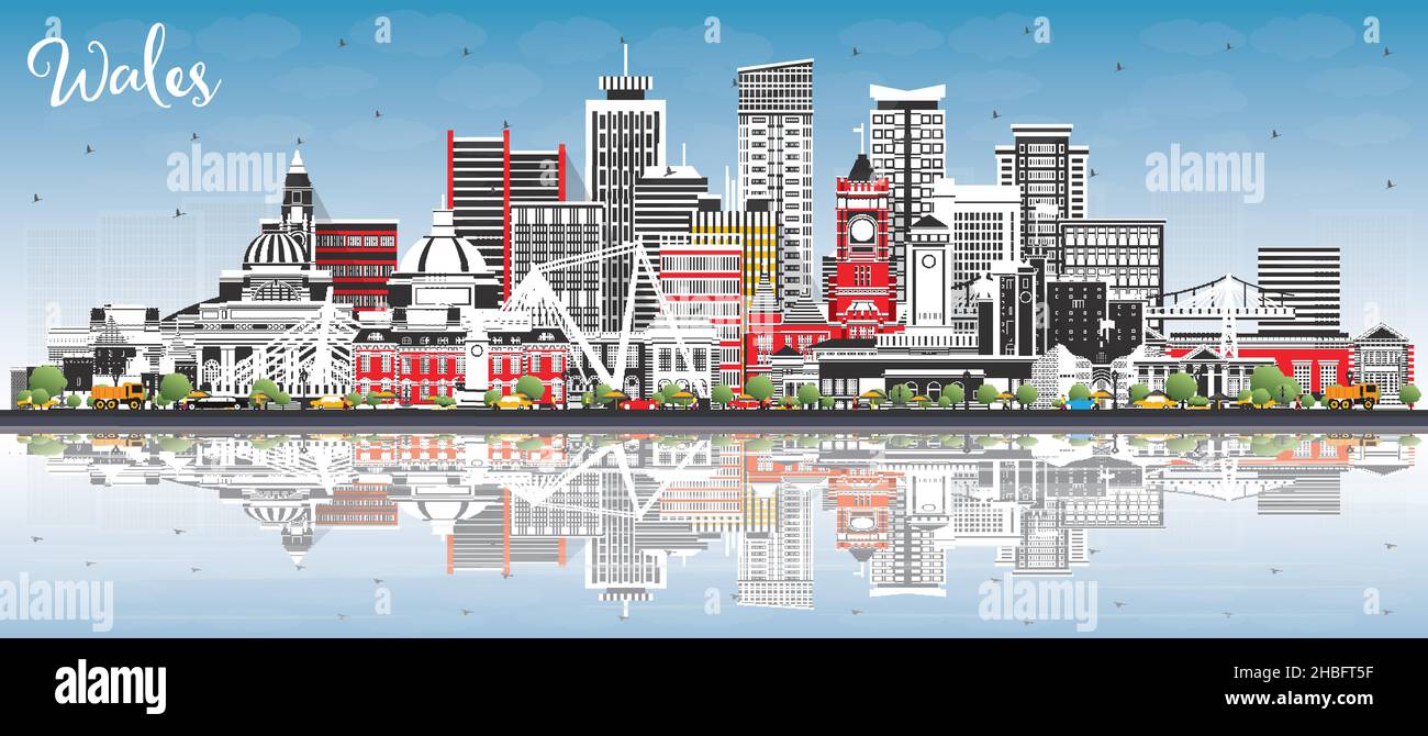 Skyline von Wales City mit grauen Gebäuden, blauem Himmel und Reflexionen. Vektorgrafik. Konzept mit historischer Architektur. Stadtbild Von Wales. Stock Vektor