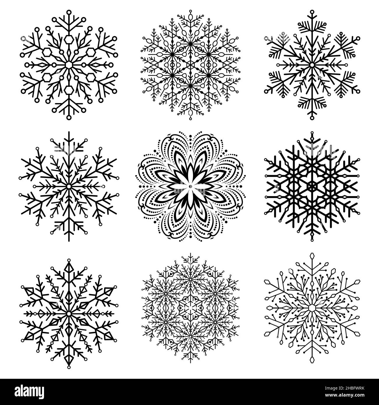 Satz von Schneeflocken. Schwarz und weiß winter Ornamente. Schneeflocken Sammlung. Schneeflocken für Hintergründe und Designs Stockfoto