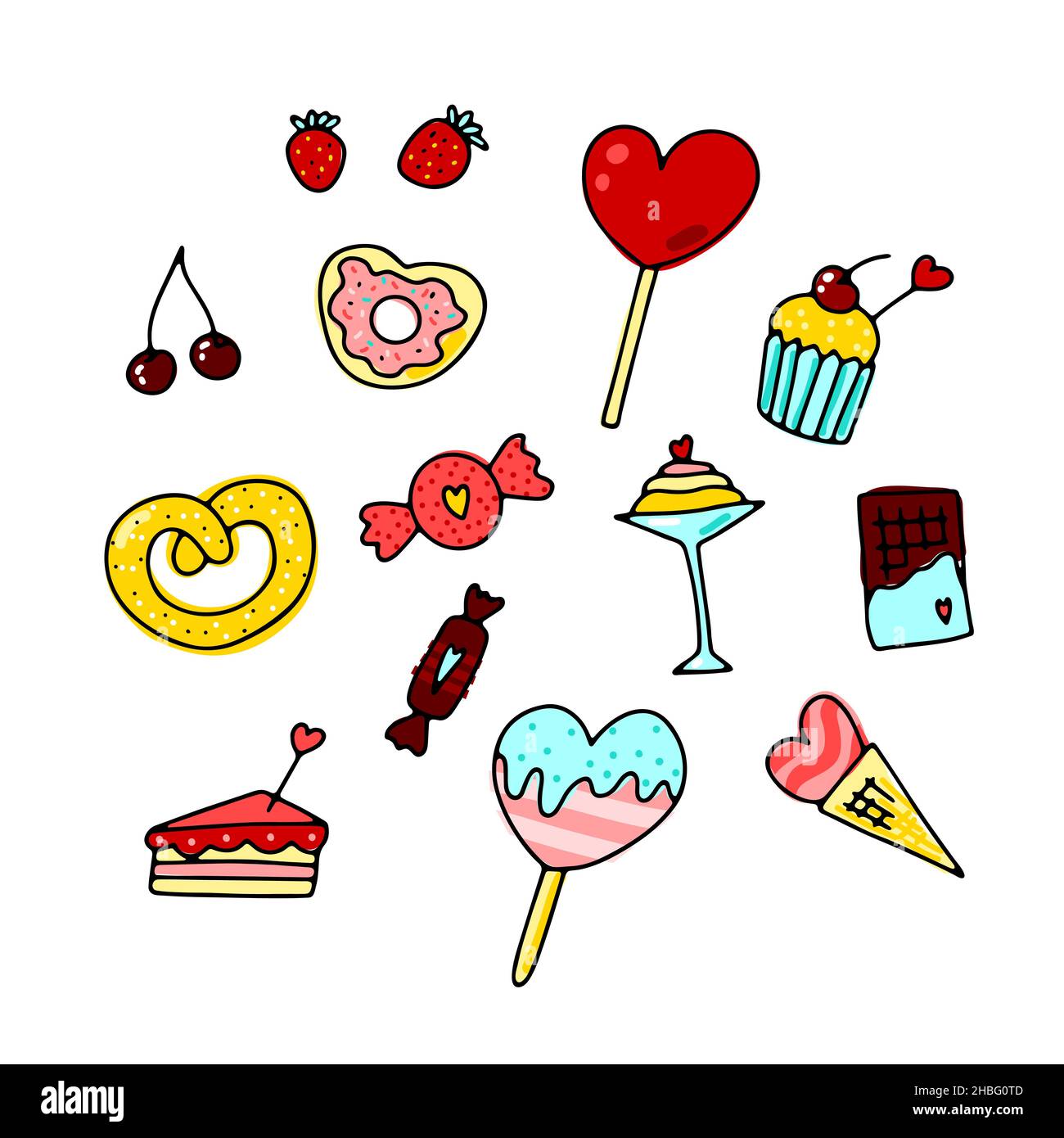 Doodle Valentinstag Süßigkeiten Set. Handgezeichnete Desserts mit niedlichen Herzen. Farbe festliche Süßigkeiten, Kuchen, Getränke, Beeren, Eis, Donut, Schokolade. Lolli Stock Vektor