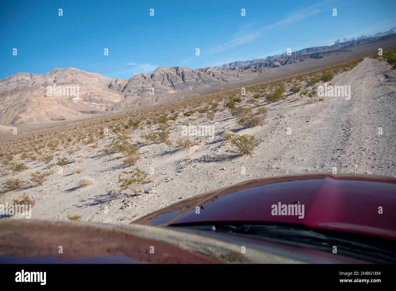 Das Panamint Valley im Death Valley National Park bietet viele interessante Sehenswürdigkeiten, wie rostige Skelette von Autos und die seltene Pfütze, die vom Regen übrig geblieben ist. Stockfoto