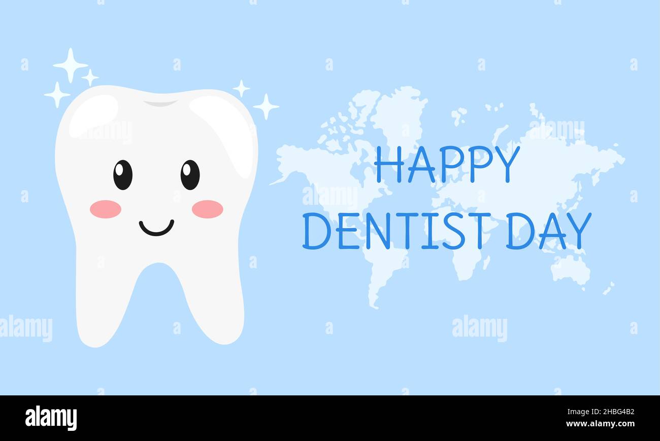 Poster zum Tag des Zahnarztes. Shiny niedlich Cartoon Zahn lächelnd. Professionelle Welt und nationaler Feiertag des Stomatologen. Text glücklicher Zahnarzttag auf blauem Backgro Stock Vektor