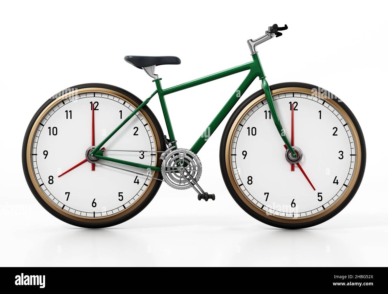 Fahrrad mit Uhren als Reifen, die auf 8 Uhr und 5 Uhr zeigen, isoliert auf weißem Hintergrund. 3D Abbildung. Stockfoto
