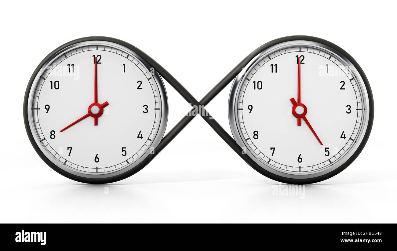 Uhren, die auf 8 Uhr und 5 Uhr zeigen, erinnern an das Unendlichkeits-Symbol, isoliert auf weißem Hintergrund. 3D Abbildung. Stockfoto