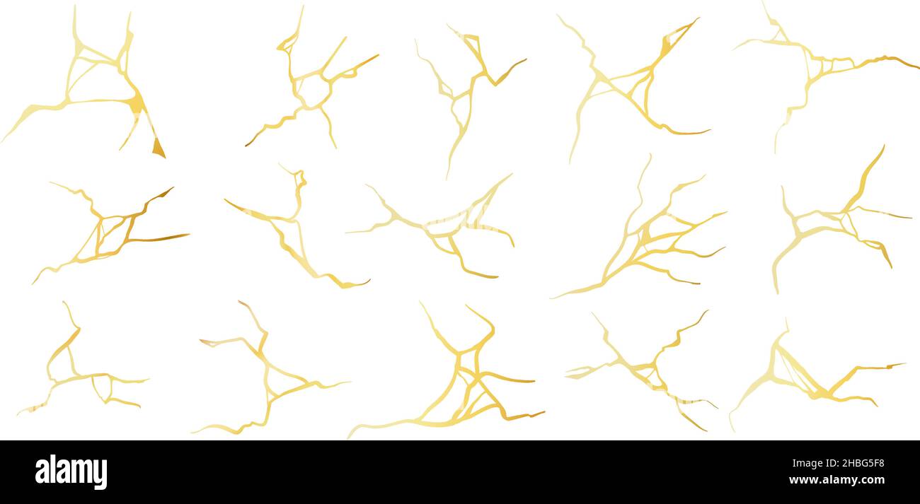 Golden Cracks Effekt in japanischen kintsugi Kunst Mosaik-Stil. Luxuriöser Marmorstein mit Muster. Gebrochenes Porzellan mit Goldspalten Vektor-Set Stock Vektor