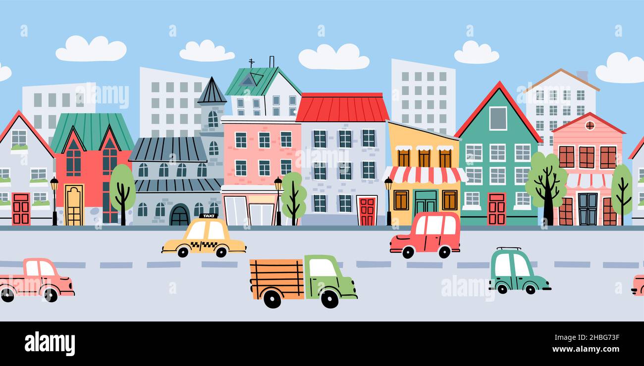 Cartoon Stadtlandschaft mit Gebäuden und Autos nahtlose Hintergrund. Straße mit Apartments und Straßenverkehr für Kinder. Nette Stadt Vektorlinie Stock Vektor
