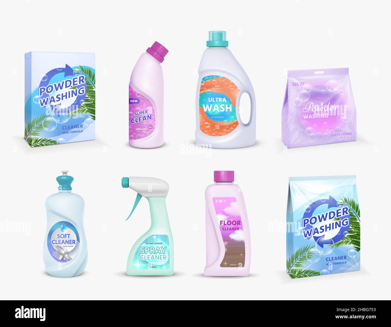 Realistisches Produktpaket für die Haushaltsreinigung mit Designvorlagen  für Etiketten. Waschpulver in Box, Bleichmittel in der Flasche,  Desinfektionsmittel-Vektor-Set Stock-Vektorgrafik - Alamy