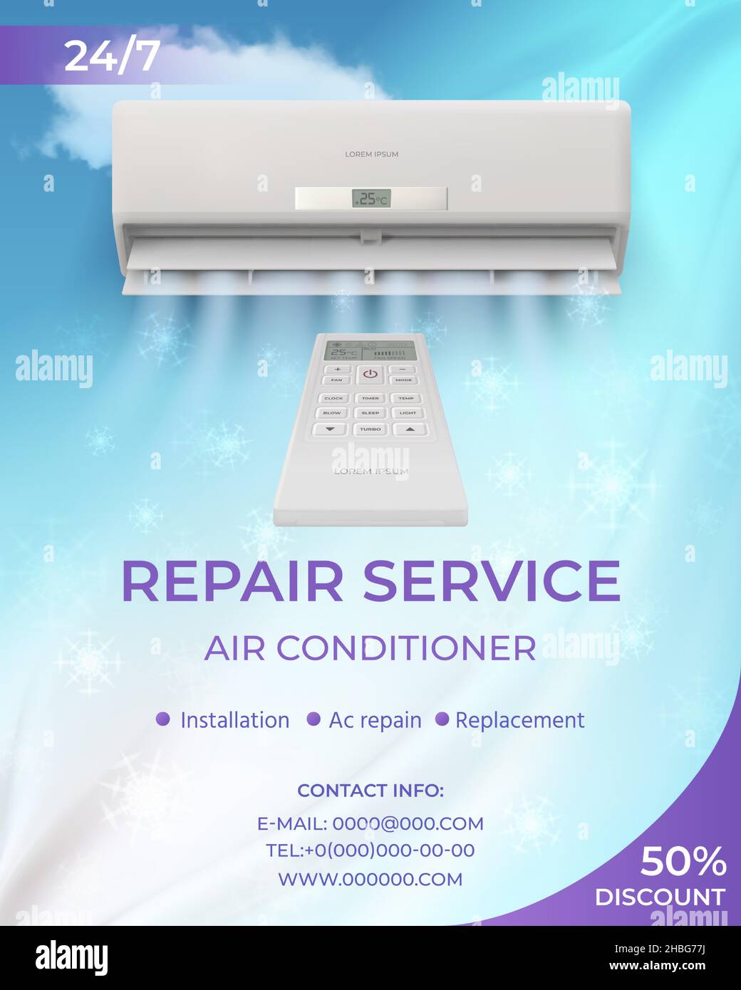 Promo-Flyer zur Reparatur von Klimaanlagen-Systemen. Werbeplakat mit realistischem Split-Schlag kaltem Wind, Schnee und Remote-Vektor-Vorlage Stock Vektor