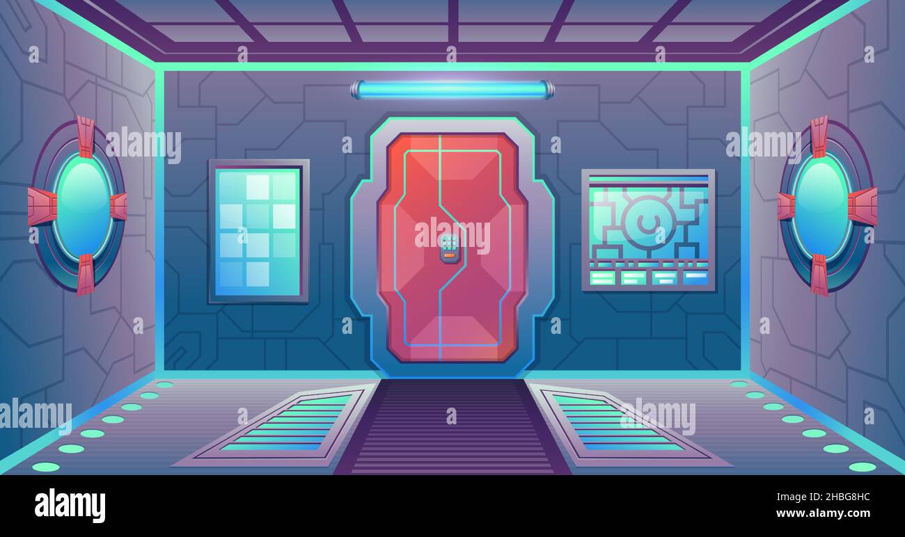 Cartoon futuristischer Raumschiffkorridor mit Tür, Paneelen und Bullaugen. Weltraum-Spiel Sci-Fi Innenraum Hintergrund. Vektorszene der Cosmos-Station Stock Vektor