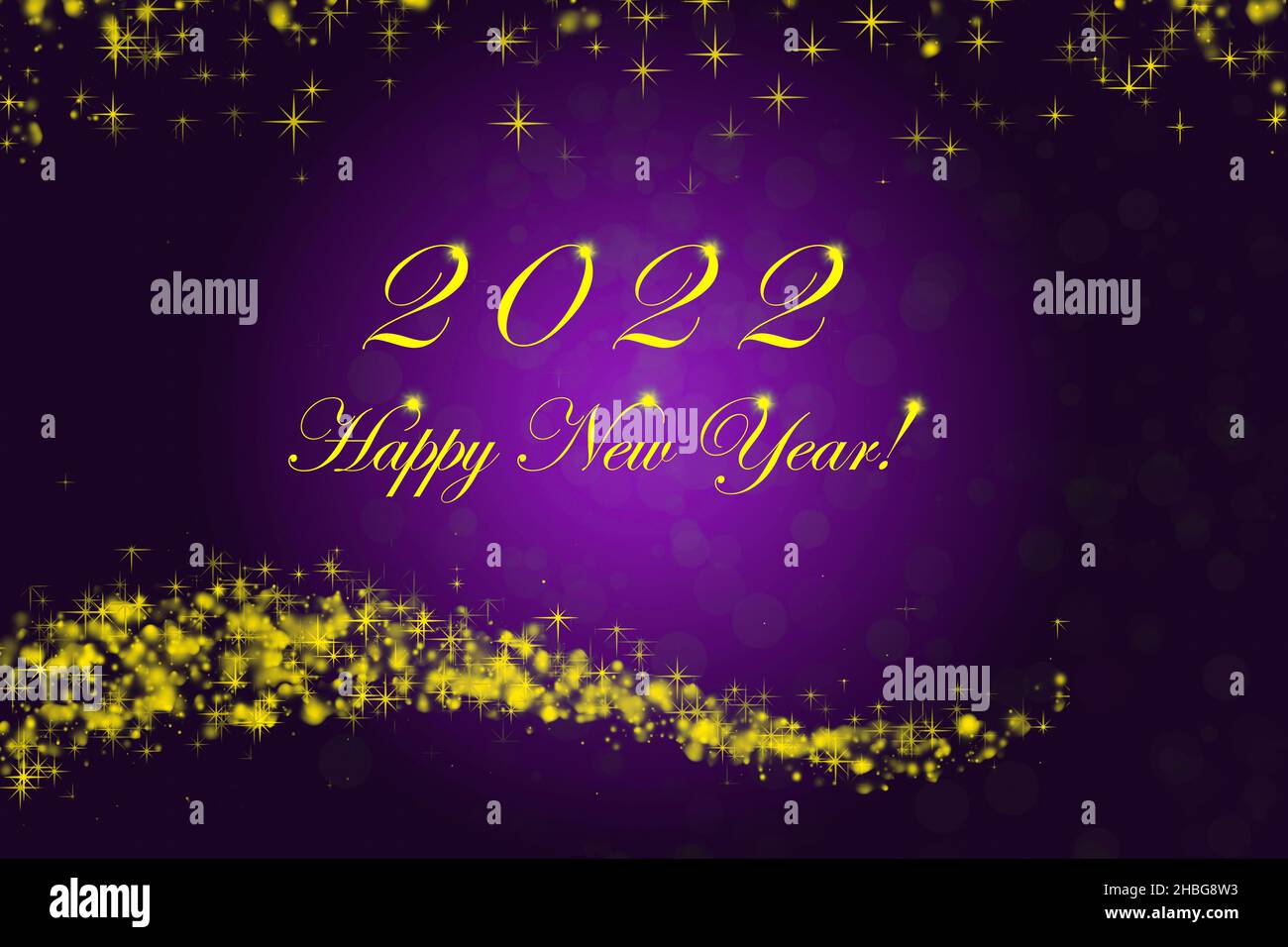 Frohes Neues Jahr 2022. Funkelnd brennende Zahlen Jahr 2022 mit Sternen und Bokeh auf blauem Hintergrund. Stockfoto