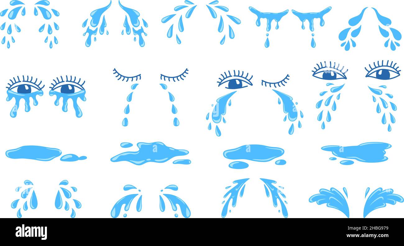 Cartoon Pfützen, Tränen, Tropfen oder Schweiß, weinende Augen. Wassertropfen. Schmerz, Schrei, Verzweiflung oder trauriger Ausdruck von Emotionen. Comic-Teardrop-Vektorset Stock Vektor